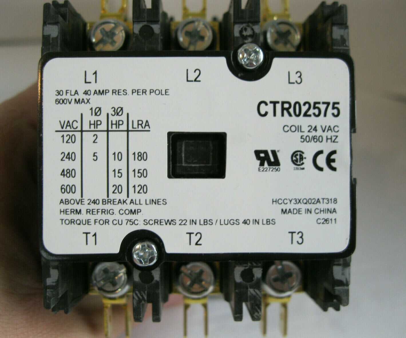 CONTATOR TRIPOLAR 30 AMP 24 VAC TRIPOLAR 50/60HZ X13070521010 HCCY3XQ02AT318